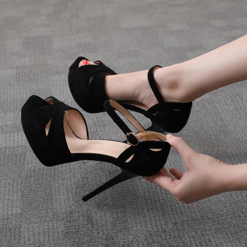Giày Cao Gót 12cm Hở Mũi Màu Đen Phong Cách Quyến Rũ sanda