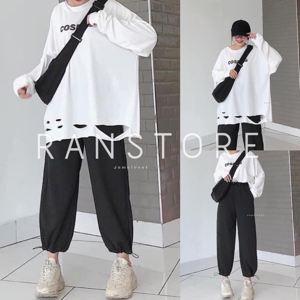 Set bộ áo thun cos quần rút dây eo form rộng unisex nam nữ style cá tính/Áo thun tay dài phối quần bom chun ống_ranstore