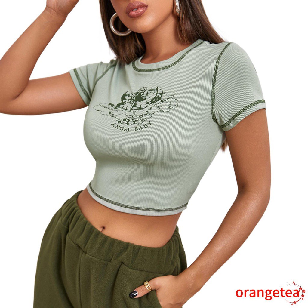 Áo Thun Croptop Tay Ngắn Cổ Tròn In Hình Thiên Thần Nhỏ Phối Màu Tương Phản Cho Nữ