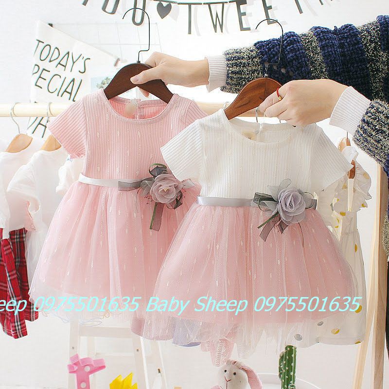 Váy cotton co giãn phối ren đính hoa eo cho bé gái từ 5-15kg Baby Sheep