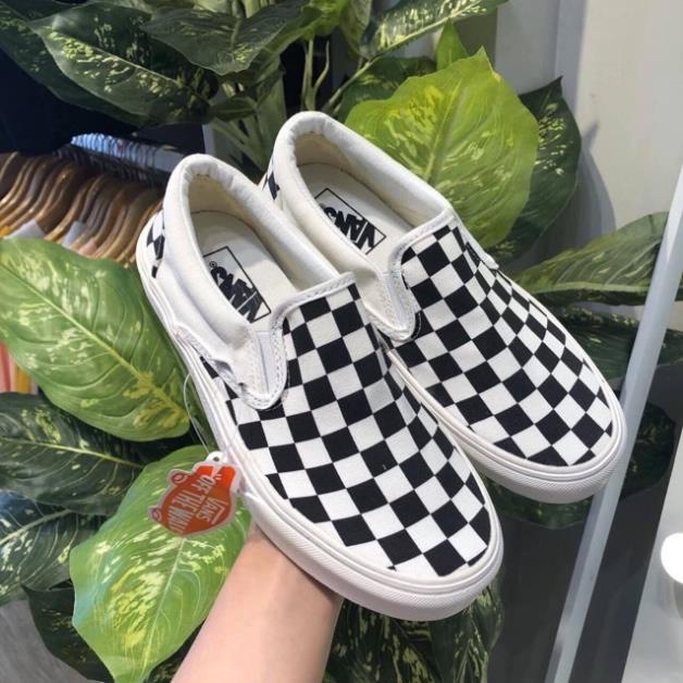 Giày Nam Nữ Cổ Thấp Vans Vault Old Skool, Giày Slip On Vans Caro Đen Trắng Full Box Bill VIP