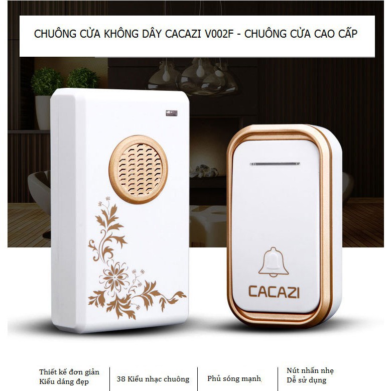 Chuông cửa không dây Cacazi V002F   chuông bấm cửa báo khách, chống nước cực bền, bảo hành 9 tháng