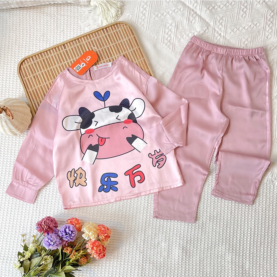 Bộ Lụa Cho Bé Gái Pijama Dài Tay Chất Liệu Latin In 3D Hoạt Hình 8-35kg