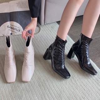 Bốt nữ/ boot nhăn da bóng cổ thấp 7cm hai màu đen kem cực sang chảnh đế vuông mũi vuông