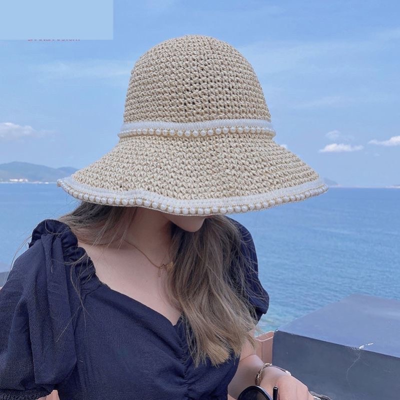 Mũ cói (Nón cói) móc tay vintage đính hạt viền siêu xinh (SH35)