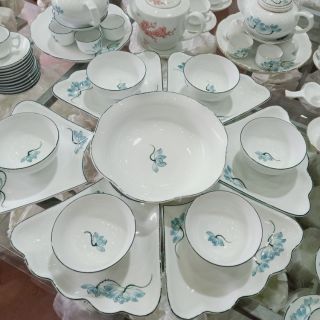 Set đĩa hoa mặt trời vẽ sen xanh, hoa đào xanh cao cấp