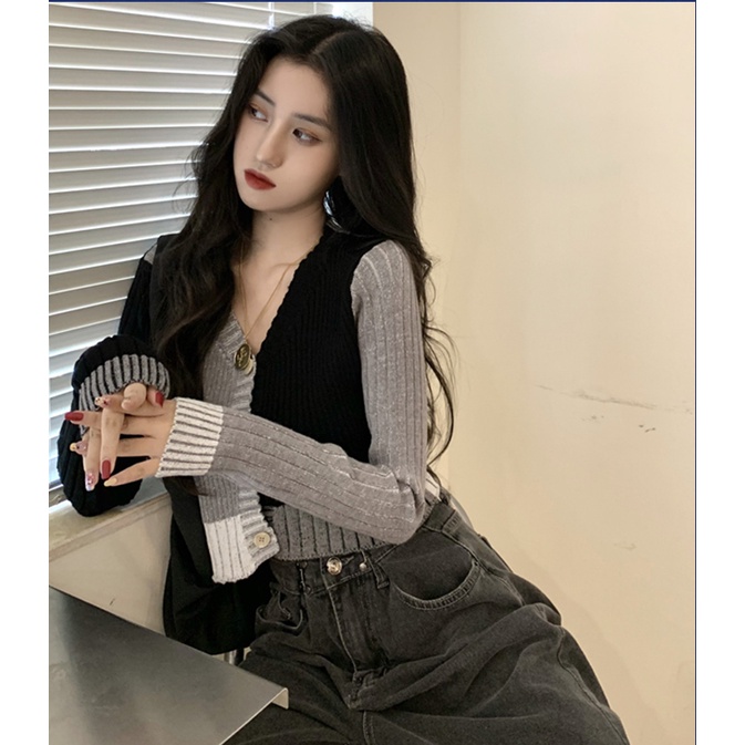 Áo cardigan IHKKE dệt kim cổ chữ V màu sắc tương phản thời trang