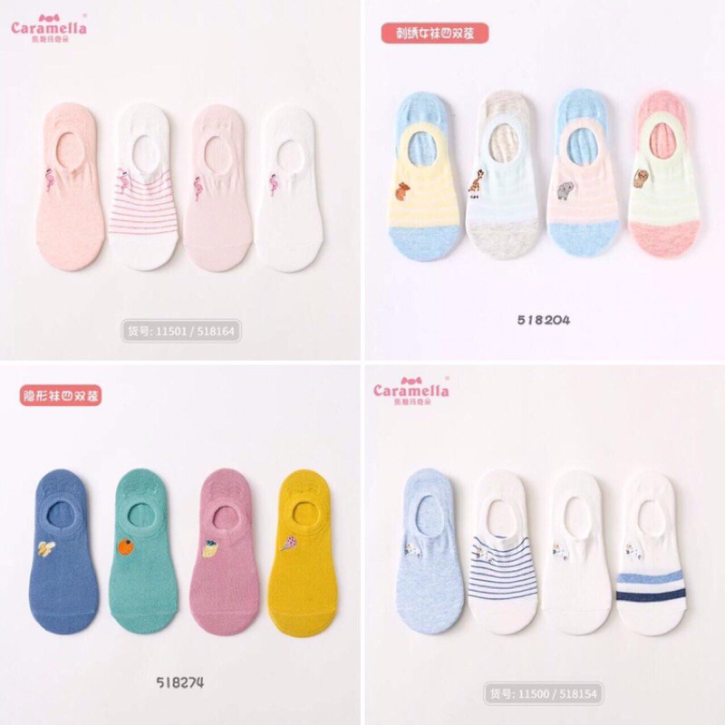 Set 4 đôi vớ nữ cổ ngắn, khử mùi cao cấp Caramella chất vải cotton mềm mại, thấm hút mồ hôi