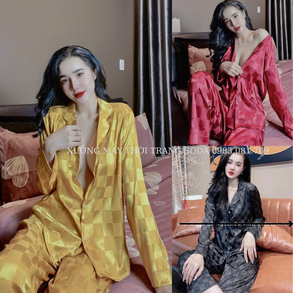 Bộ pijama lụa gấm cổ đức áo dài quần dài thiết kế kẻ ô vuông siêu sang, chất vải mềm mịn mát