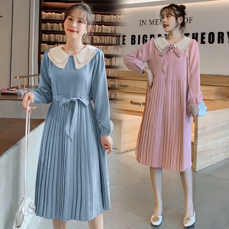 Váy bà bầu xếp ly Hàn Quốc cổ búp bê ngọt ngào, ấm áp