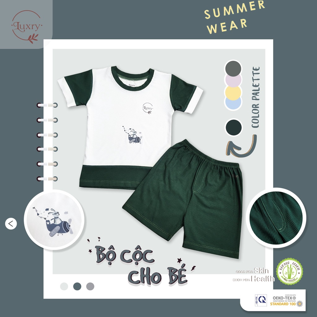 Bộ quần áo cộc cổ tròn gân tăm thương hiệu Luxry đáng yêu cho bé trai, bé gái