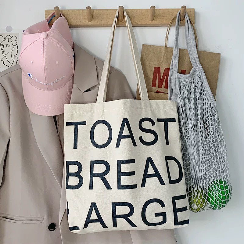 Túi tote vải mộc Tiệm nhà Pony form ngang dây kéo in hình TOAST BREAD LARGE (nhiều mẫu)