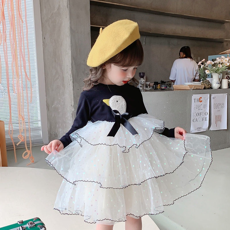 Đầm công chúa tay dài phối ren lưới in họa tiết hoạt hình thời trang thu đông cho bé gái