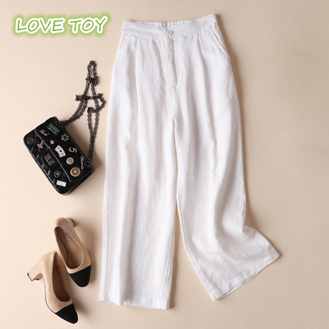 Women Fashion Cotton Linen Solid Color Thin Wide Leg Loose Ninth Pants | BigBuy360 - bigbuy360.vn