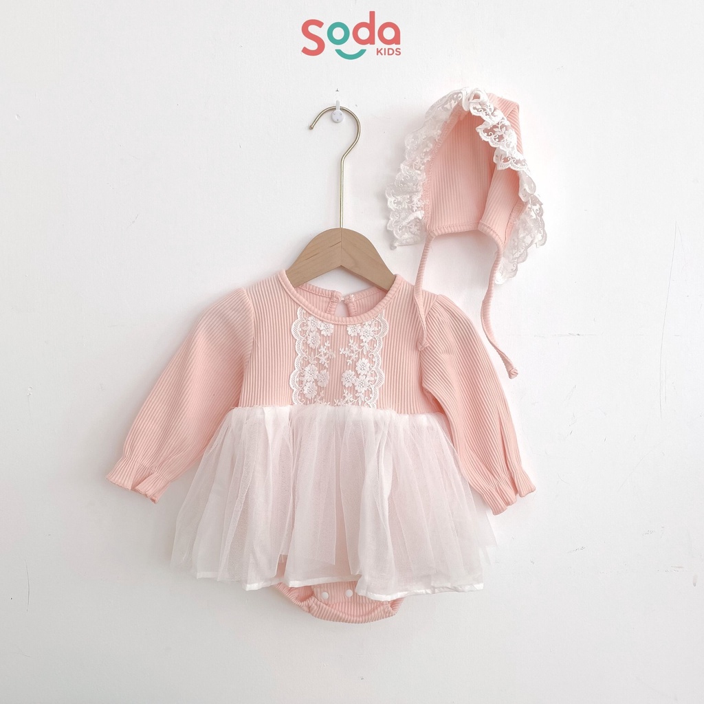 Bộ liền thân phối voan trắng hồng kèm mũ (Ảnh thật)