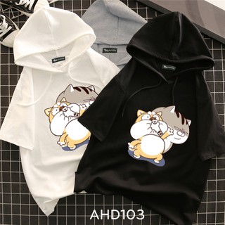 ⚡️Freeship 50k ⚡️ AHD103 Áo thun teen nam nữ HOODIE TAY LỠ CÓ NÓN hình mèo ami bụng bự