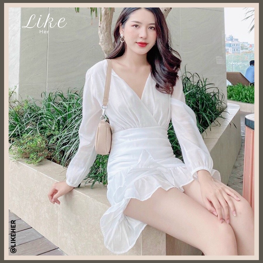 ĐẦM TRẮNG DỰ TIỆC VOAN XỐP TAY DÀI CỔ CHÉO TÀ CHÉO BÈO - LIKEHER