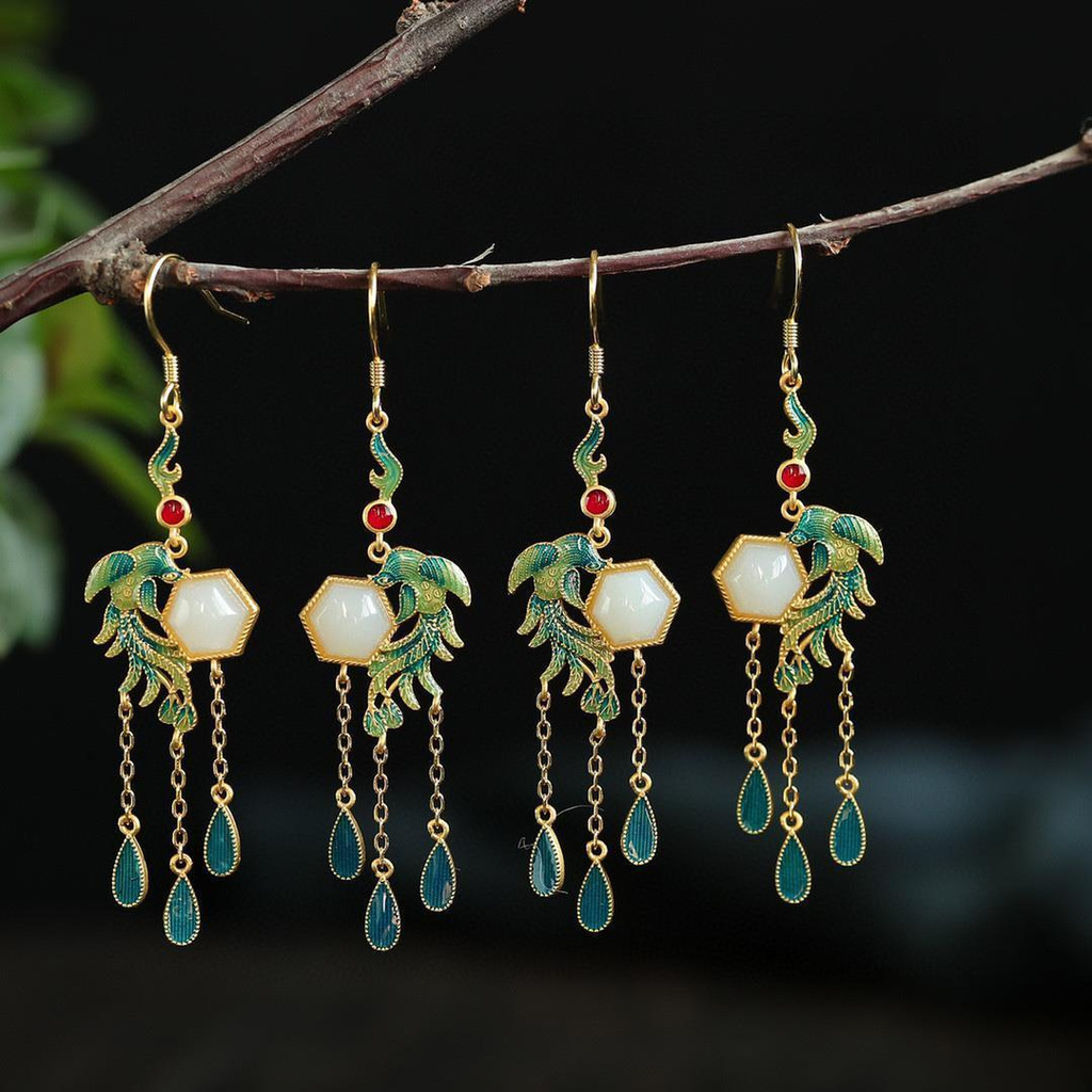 [Chinese style, classic Phoenix Earrings] by-2021 Chinese style classic natural Hetian jade phoenix retro Earrings S925 silver gilt Enamel Earrings