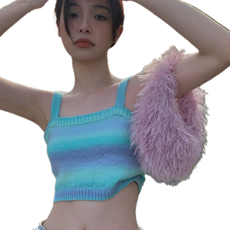 Áo Croptop Dệt Kim Hai Dây Trễ Vai Họa Tiết Kẻ Sọc Nhiều Màu Sắc Thời Trang Cho Nữ