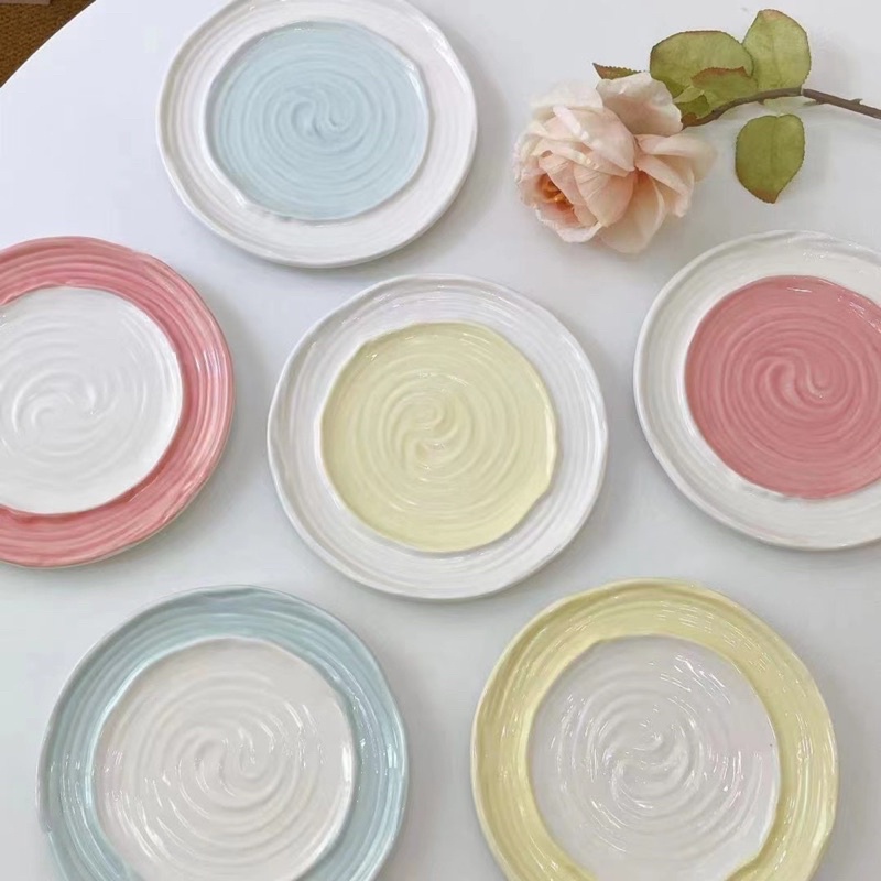 Đĩa sứ 2 màu pastel dĩa ăn đồ ngọt, hoa quả, đĩa sứ decor hồng vàng xanh