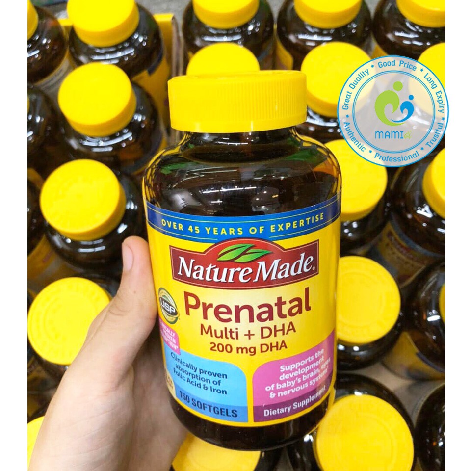 Vitamin tổng hợp bầu Mỹ (150v) bổ sung dinh dưỡng, DHA cho mẹ bầu và sau sinh Nature Made Prenatal Multi + DHA, USA