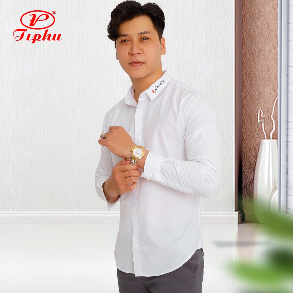 Áo sơ mi thêu logo Amazing, màu đen và trắng thanh lịch, vải bamboo mềm mịn, form body Hàn Quốc tôn dáng