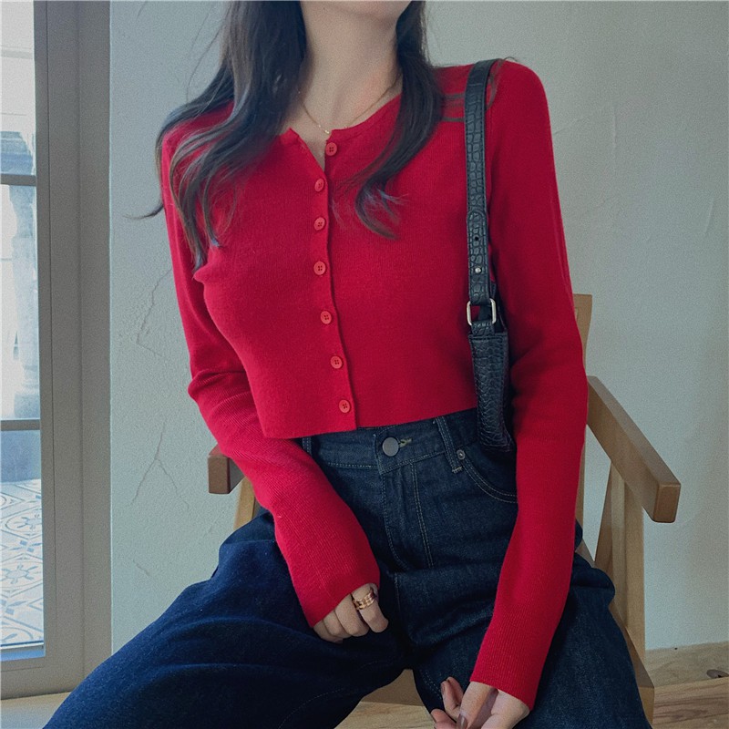 SUXI Áo Crop Top dệt kim tay dài phong cách Hàn Quốc ôm dáng