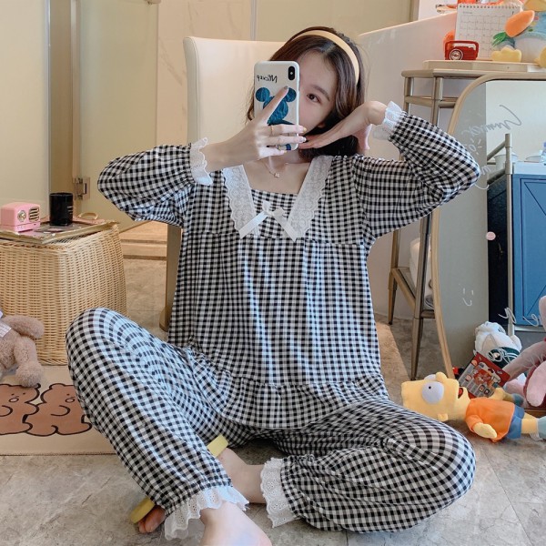 Pijama- Bộ Ngủ Nữ Dài Tay Phối Ren Nơ Cách Điệu DDTT01