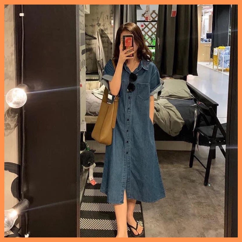 Váy đầm sơ mi jean ngắn tay cổ đức phối túi ngực vạt bầu dáng suông chất bò dày dặn phong cách hàn quốc ULZZANG MÂY_1989