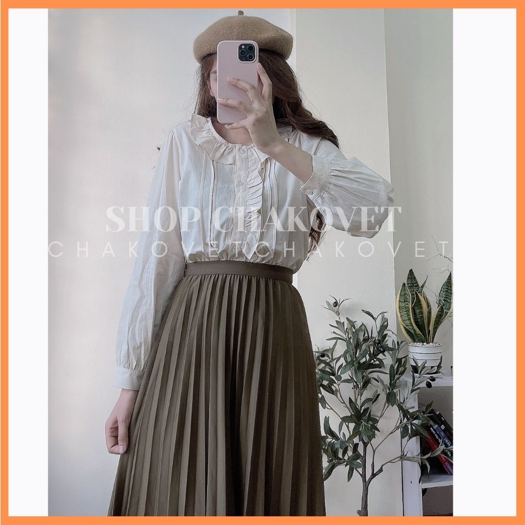 Áo babydoll nữ tay dài màu trắng be A894, kiểu áo nữ hàn quốc bánh bèo cổ tròn họa tiết dọc khuy áo phong cách tiểu thư