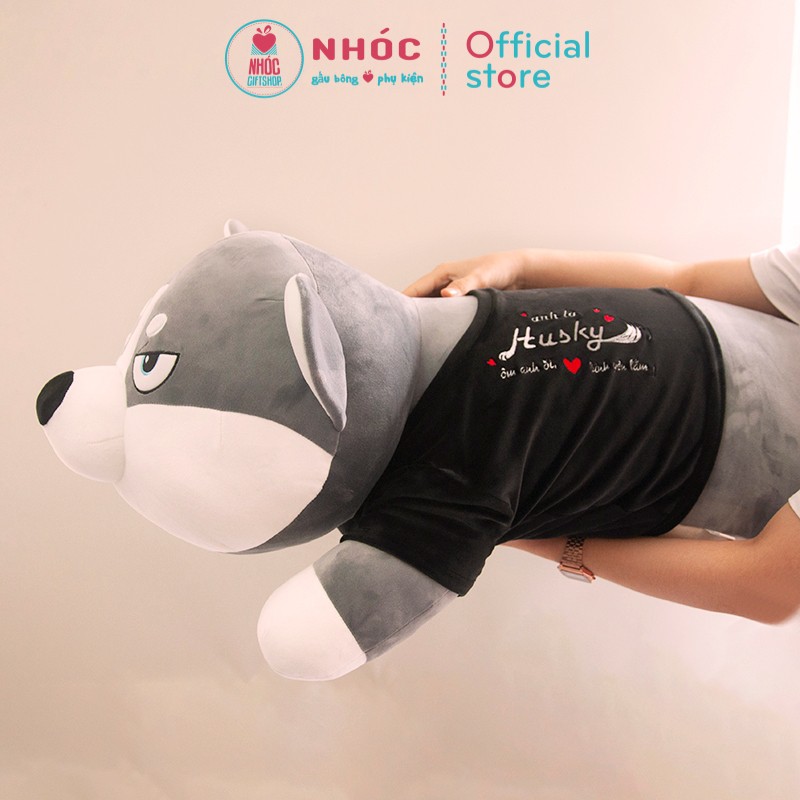 Thú Bông Cao Cấp Chó Husky Mặc Áo Thêu Lông Mịn Nằm TC Size Lớn - NHÓC (Xám)