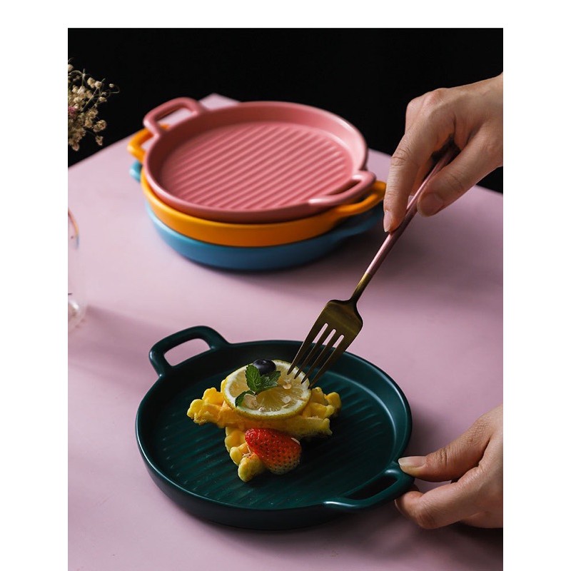 Khay nướng tròn 2 quai, đĩa sứ decor bàn ăn kiểu Bắc Âu