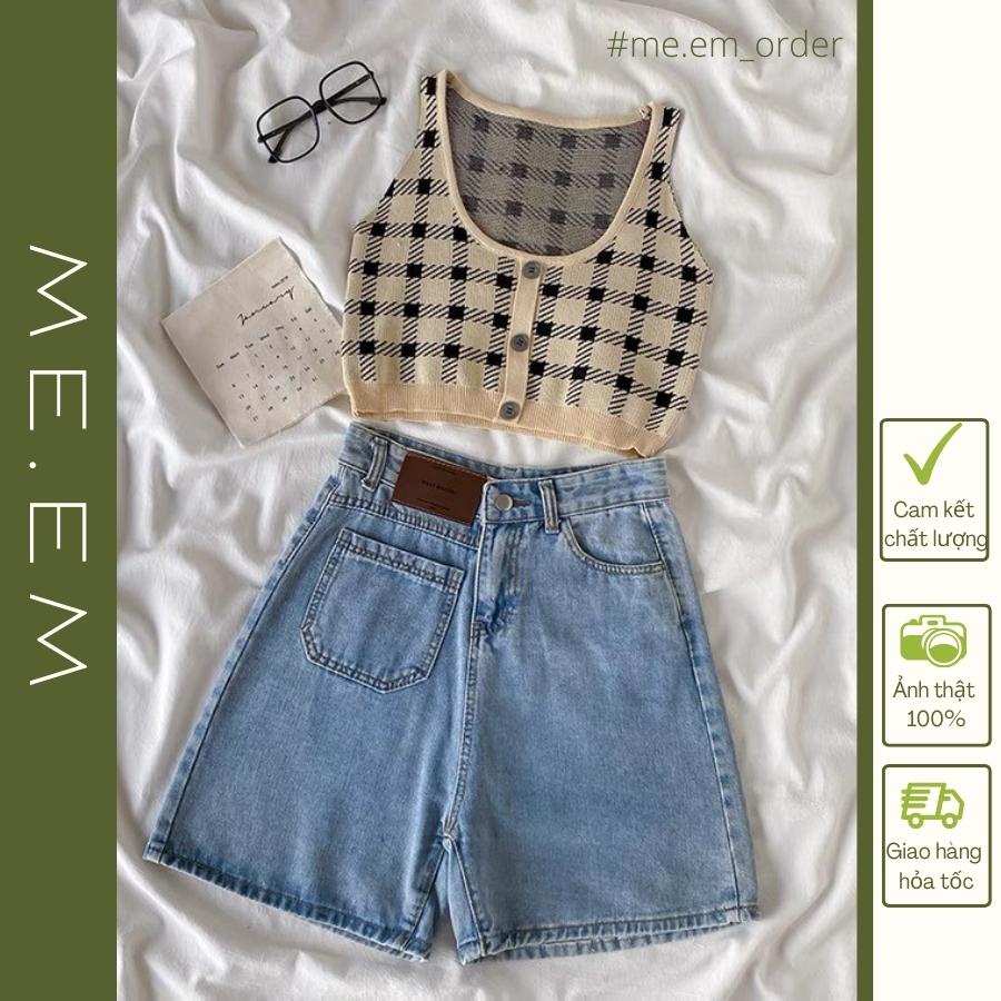 Set áo croptop sọc caro sát cánh + short jean ngố xanh nhạt Quảng Châu cao cấp