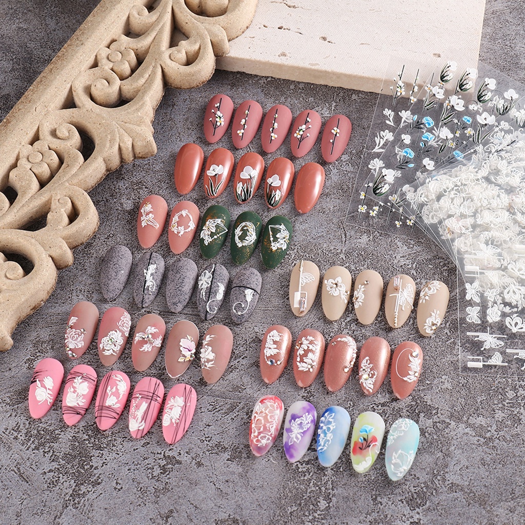 1 Bộ Miếng Dán Trang Trí Móng Tay Tự Dính Không Mùi Dính Mạnh Họa Tiết Hoa 3D Nhiều Phong Cách Bắt Mắt