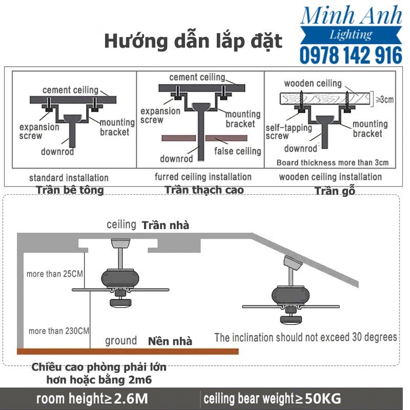 Quạt Trần Cánh Gỗ Cao Cấp Phòng Khách Phòng Ăn Phòng Sinh Hoạt Phòng Ngủ Minh Anh