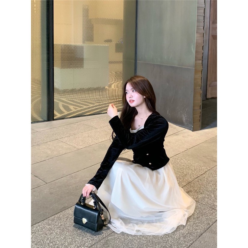 [Hàng l1]Set áo nhung cổ vuông mix chân váy lưới xoè phong cách tiểu thư siêu xinh siêu xinh sẵn hàng | BigBuy360 - bigbuy360.vn