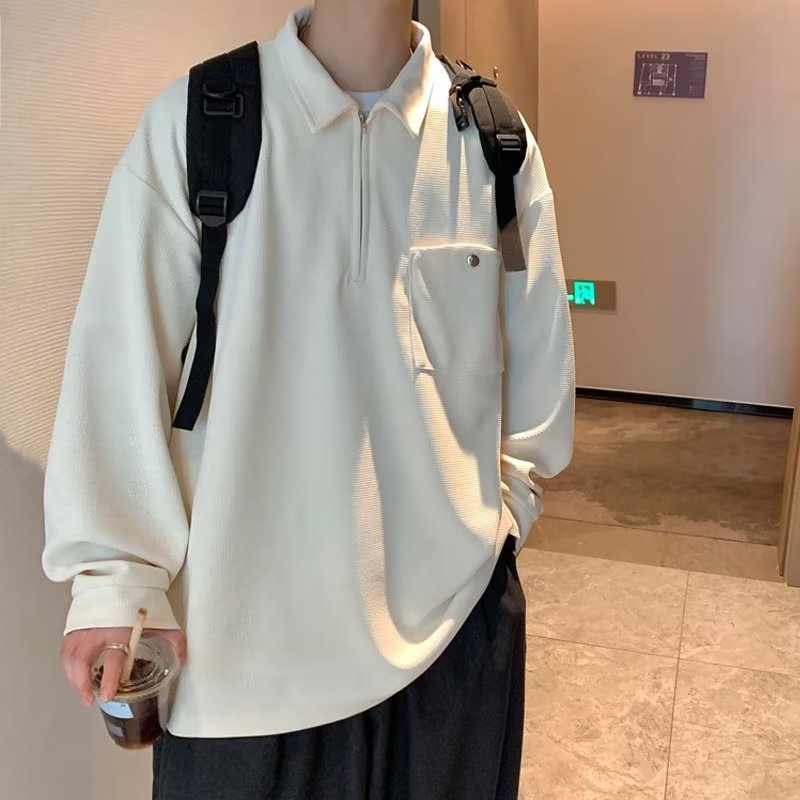 Korean Version Half Zipper Lapel All-match Sweater Men's Ins Tide Brand Fashion Waffle Long-sleeved Polo Shirt Loose Casual Jacket