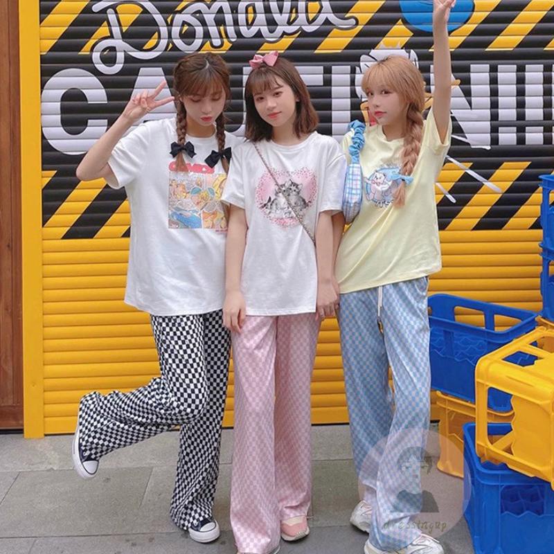 Quần Dài Ống Rộng Lưng Thun Dây Rút Họa Tiết Caro Thời Trang Cho Nữ