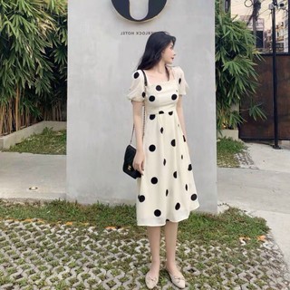 Đầm dáng dài chấm bi thắt nơ, nữ tính A183