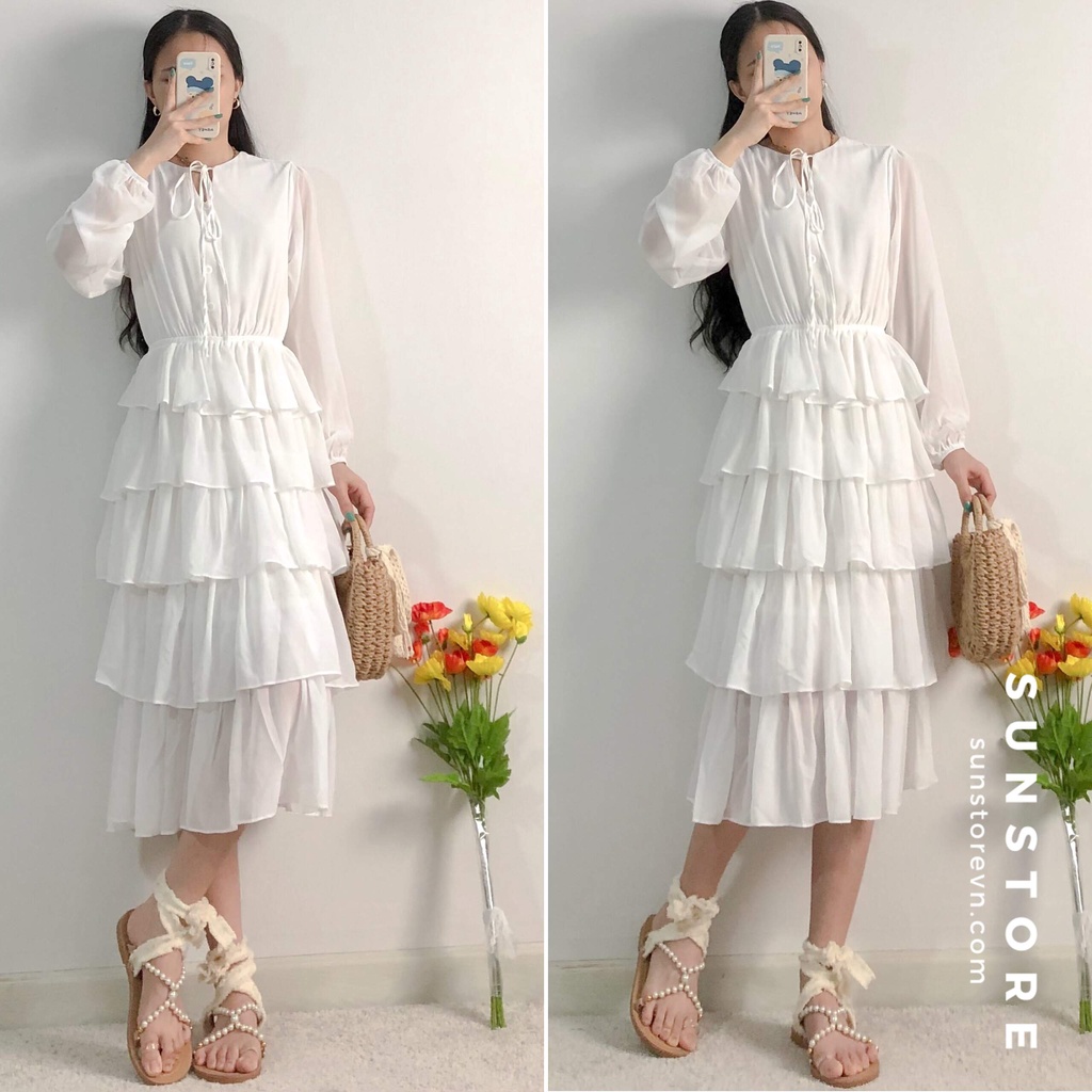 Đầm dự tiệc dáng dài midi váy xoè xếp tầng tay dài bồng nhẹ màu trắng