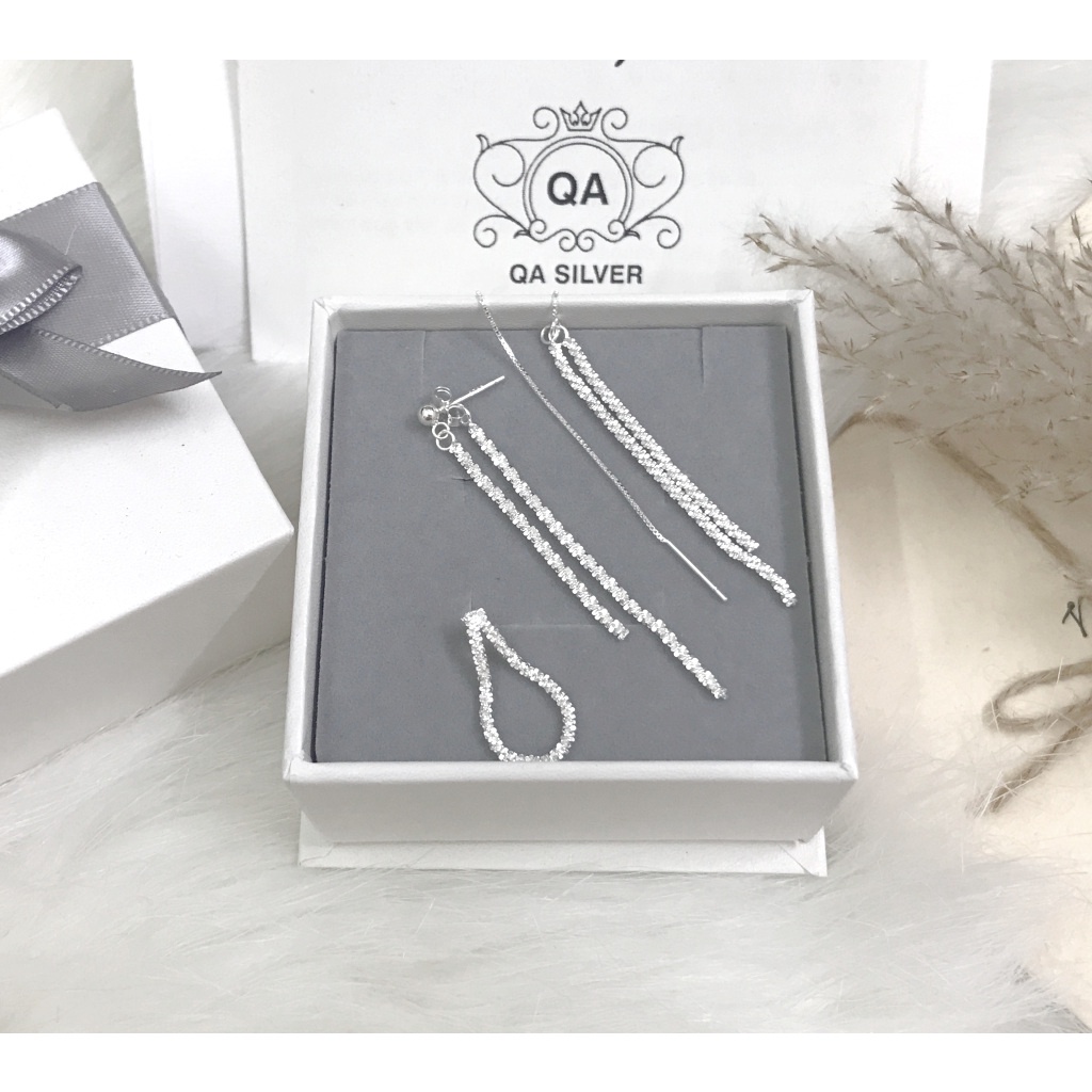 Khuyên tai bạc 925 dài tua sequin bông nữ trước sau front back S925 CHAIN QA Silver Earrings EA220801