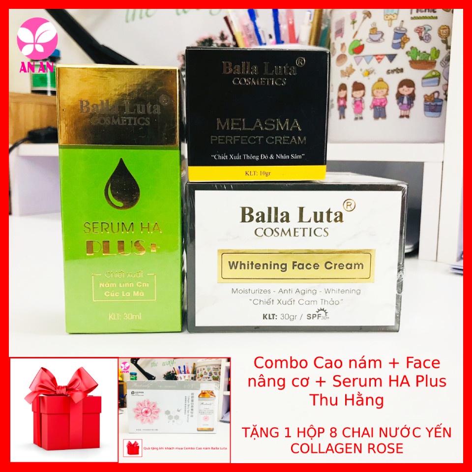 Combo Cao nám Balla Luta + Kem Face Nâng cơ + Serum HA Plus + QUÀ TẶNG 1 HỘP 8 CHAI YẾN COLLAGEN ROSEBEAUTY