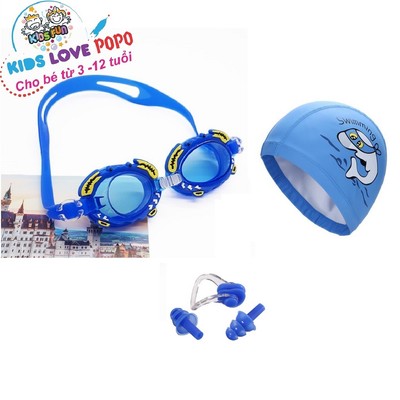 Kính bơi trẻ em POPO kèm mũ ngộ nghĩnh, Bịt tai kẹp mũi cản tia UV hạn chế sương mờ