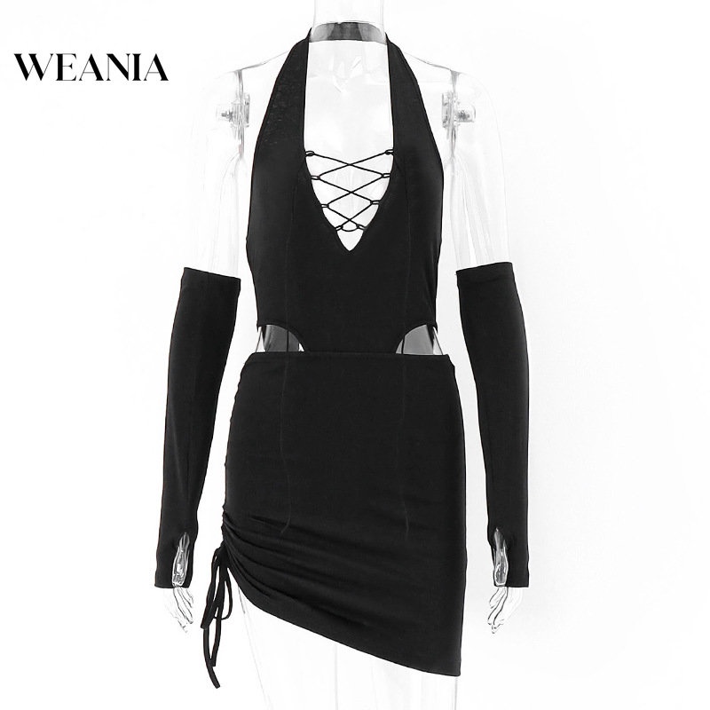 Bộ 3 Món Áo Liền Quần Hở Lưng Kèm Găng Tay Và Chân Váy Dây Rút Gợi Cảm Cho Nữ