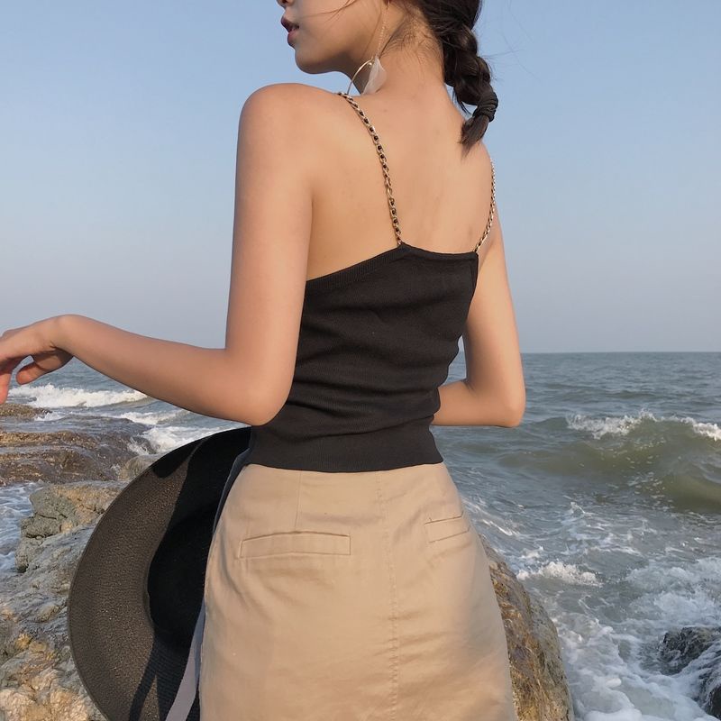 Áo croptop không tay màu trơn xinh xắn cho nữ,  Áo dây họa tiết xếp ly phối dây xích quyến rũ - O2D13