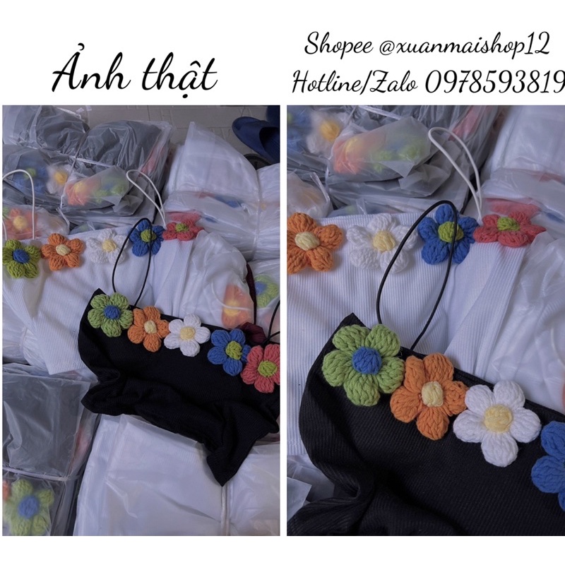 Áo croptop 2 dây đen trắng đính bông hoa len nhiều màu sắc