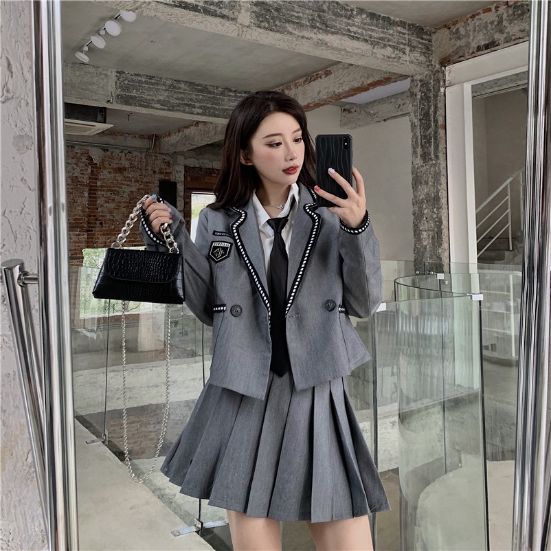 Set ulzzang học sinh áo vest + chân váy xếp ly