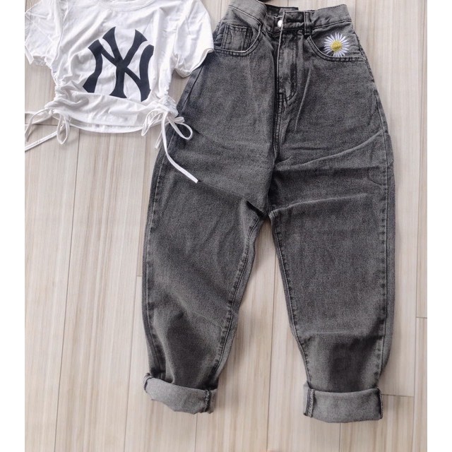 Quần baggy jean nữ thêu đáp hoa cúc chất vải đẹp F09