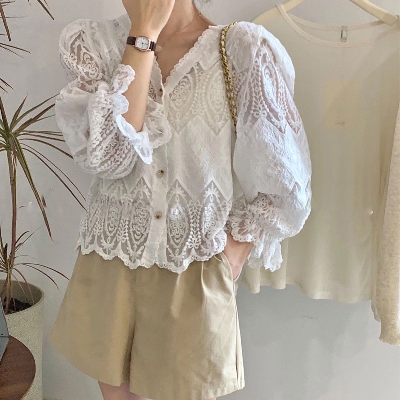 Áo Cardigan Ren Tay Dài Phồng Cổ Chữ V Phối Nút Phong Cách Pháp Thời Trang Mùa Xuân 10MK Cho Nữ