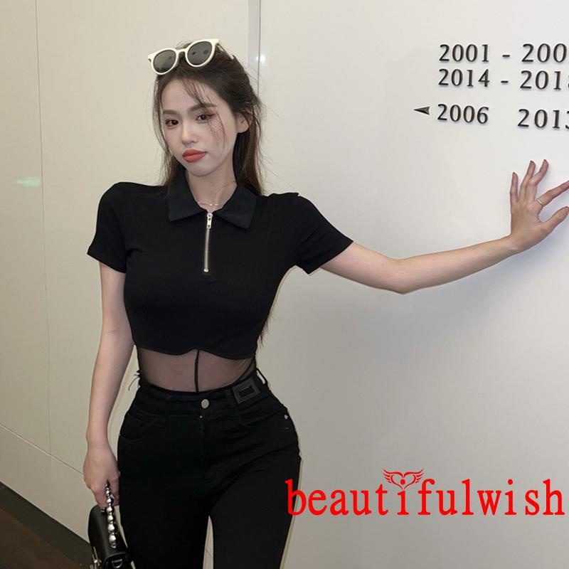 BEAUTIFULWISH-Women Attractive Sheer Bodysuit, Black Solid Color Quarter Zip Turn-down Neckline Romper | BigBuy360 - bigbuy360.vn